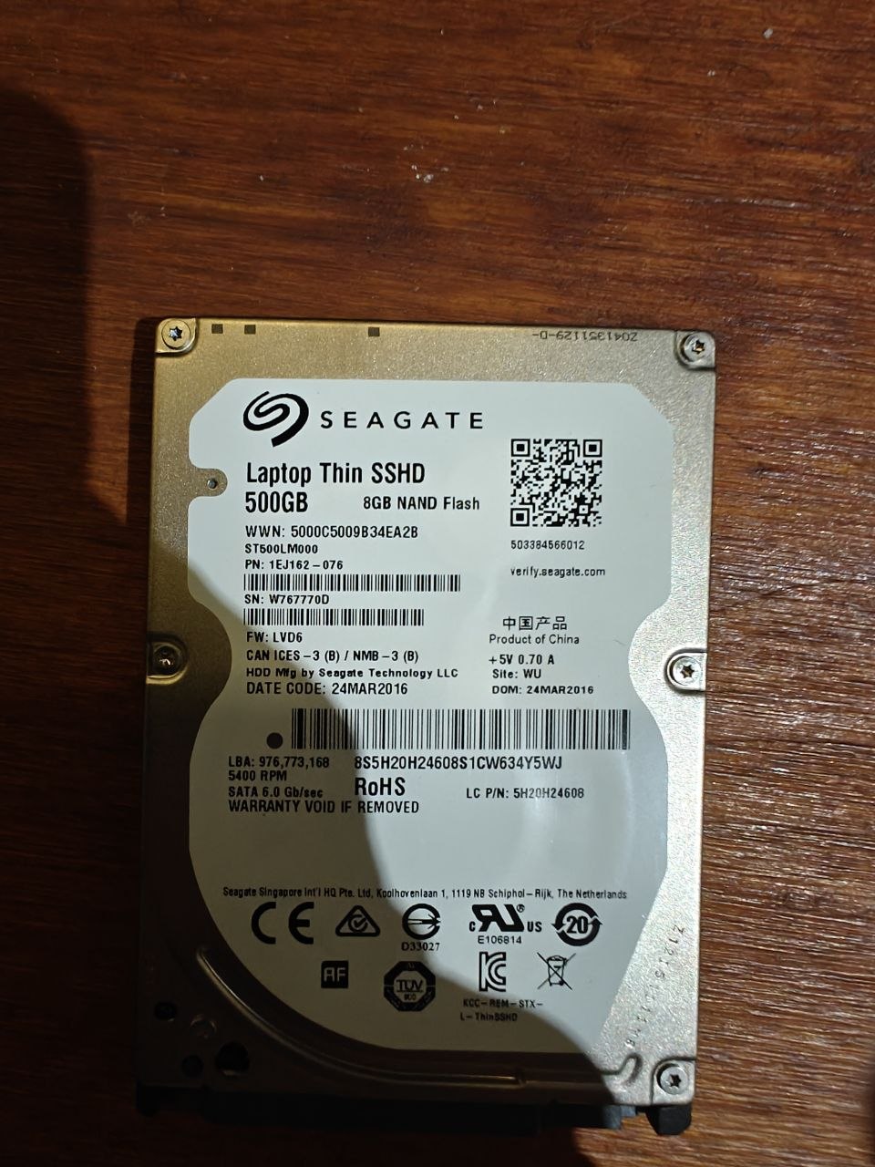 Seagate Laptop Thin SSHD 500GB 2.5" Hybrid Drive — 8GB NAND, SATA 6Gb/s (ST500LM000)