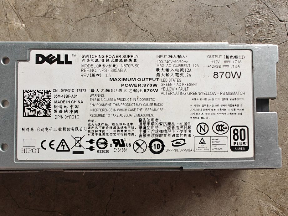 Dell 870W Hot-Swap Redundant Power Supply &mdash; PowerEdge R710 / T610 / T710, 80 PLUS Silver (N870P-S0 / 0YFG1C)